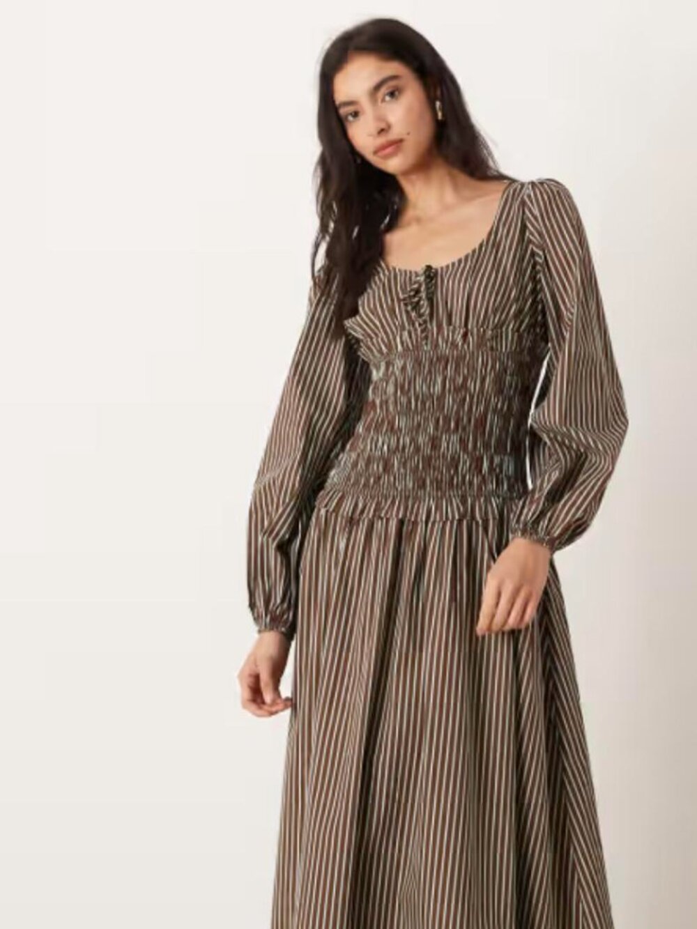 Glamorous Dropped Waist Shirred Maxi Dress | Brown Blue Stripes | Size 8 | NWT - Picture 2 of 4